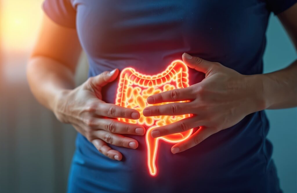 A person clutching their stomach with a digestive system illustration over the abdomen, indicating possible abdominal pain or issues.