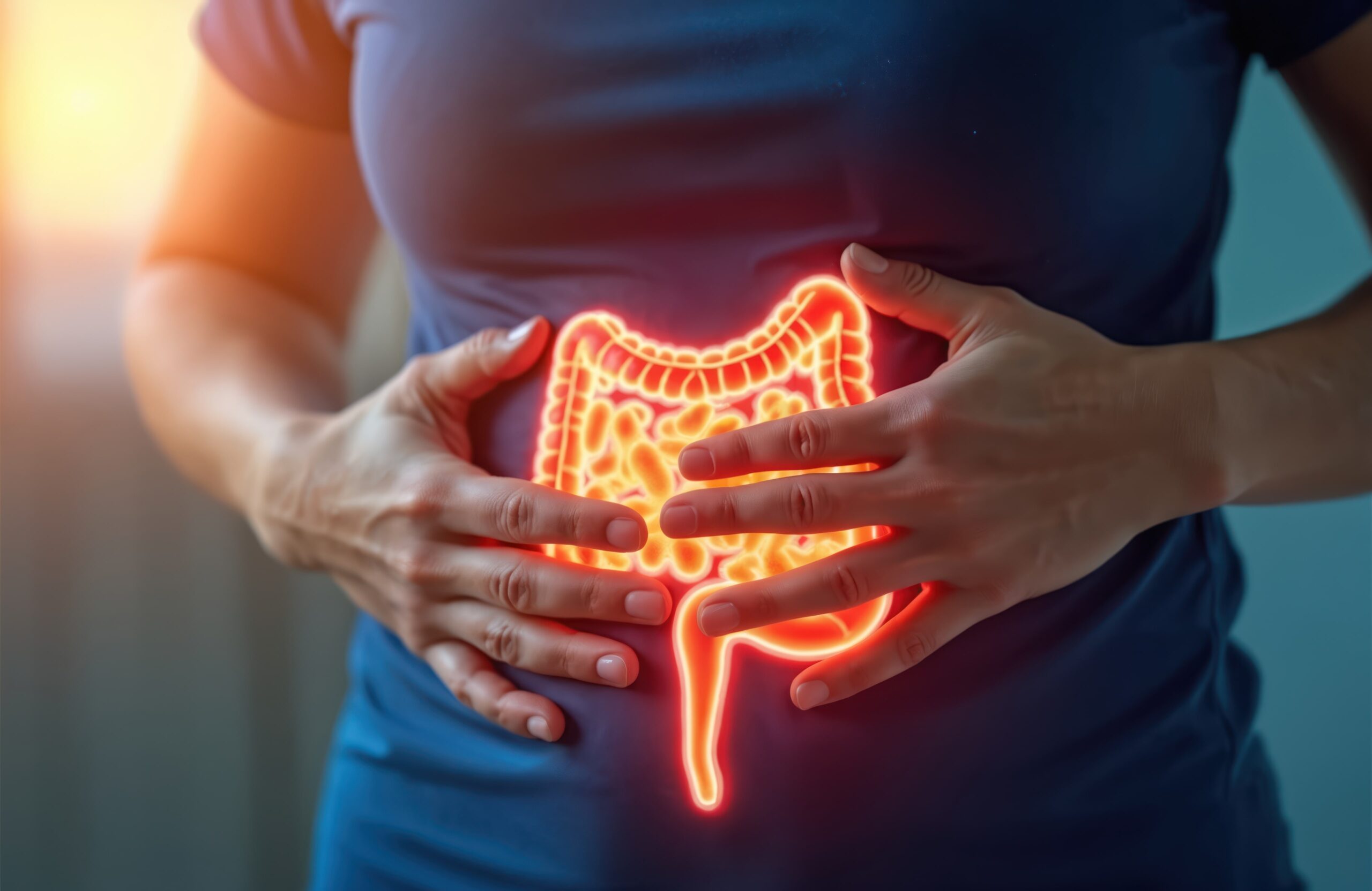 A person clutching their stomach with a digestive system illustration over the abdomen, indicating possible abdominal pain or issues.