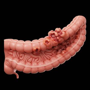 3D medical illustration of a human colon with cancerous growths and tumors on the inner wall, indicating colorectal cancer on black background.