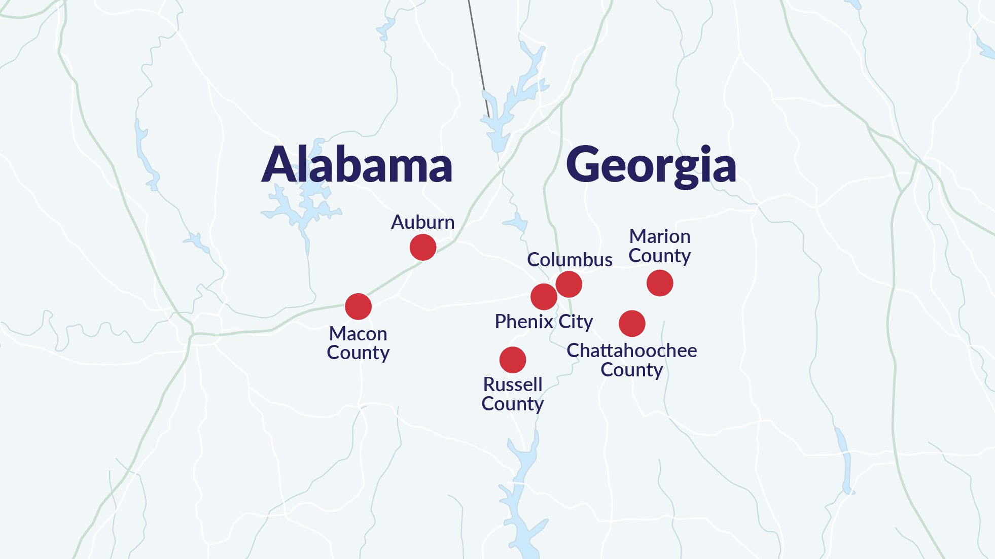 Map of eastern Alabama and western Georgia highlighting Auburn, Macon County, Russell County, Phenix City, Columbus, Chattahoochee County, Marion County.